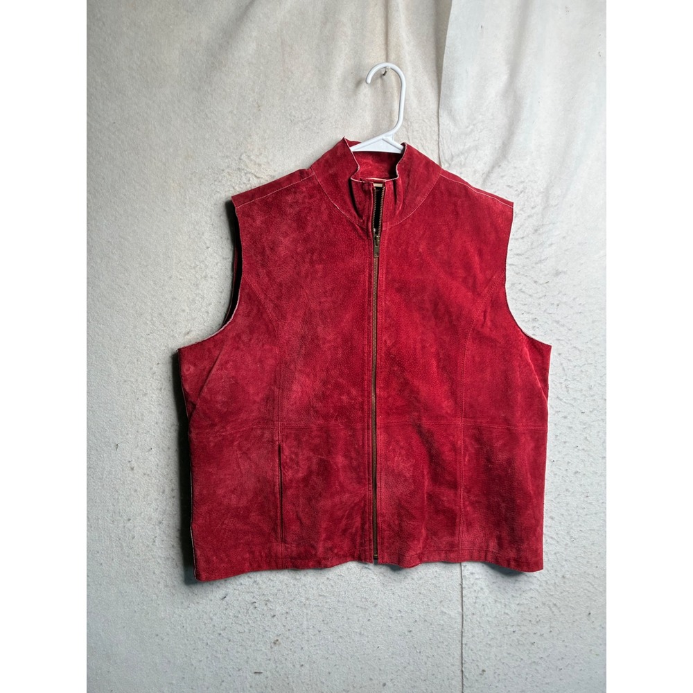 Ruff Hewn Womens Red Suede Leather Full Zip Vest Mock Neck Pockets XL
